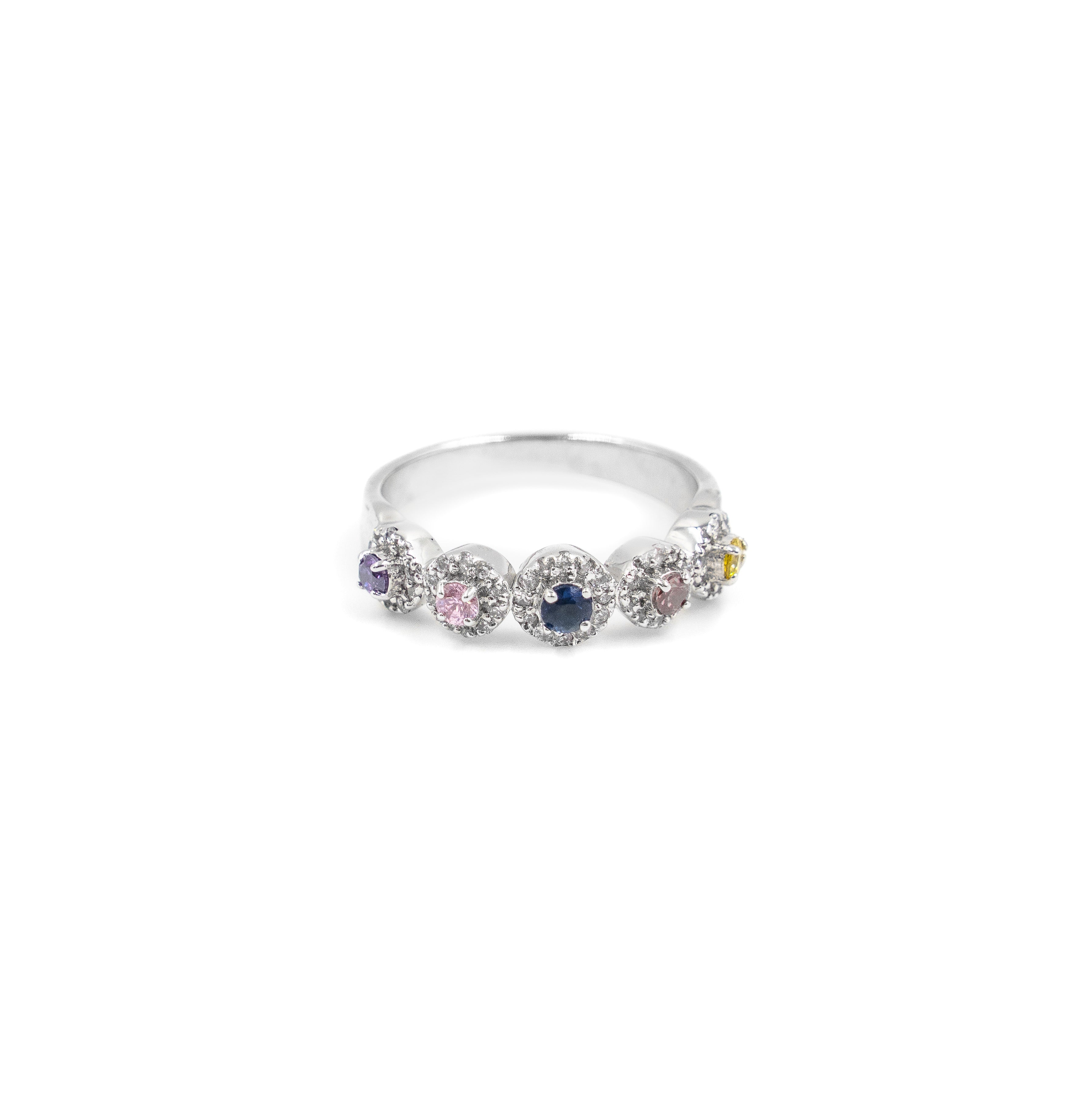 Multicolor Halo Ring with vibrant stones and white diamonds.
Sterling silver Multicolor Halo Ring for women’s jewelry.
5-Halo Multicolor Ring in 925 silver jewelry.
Lab-grown diamond Multicolor Halo Ring for unisex style.
Close-up of Multicolor Ring with vibrant stones and sparkle.
