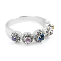 Trendy Multicolor Halo Ring for casual and party looks.
Vibrant stone Multicolor Halo Ring in sterling silver.
Statement Multicolor Halo Ring with CZ stones.
5-halo design Multicolor Ring with white diamonds.
Unisex Multicolor Halo Ring with lab-grown diamonds.