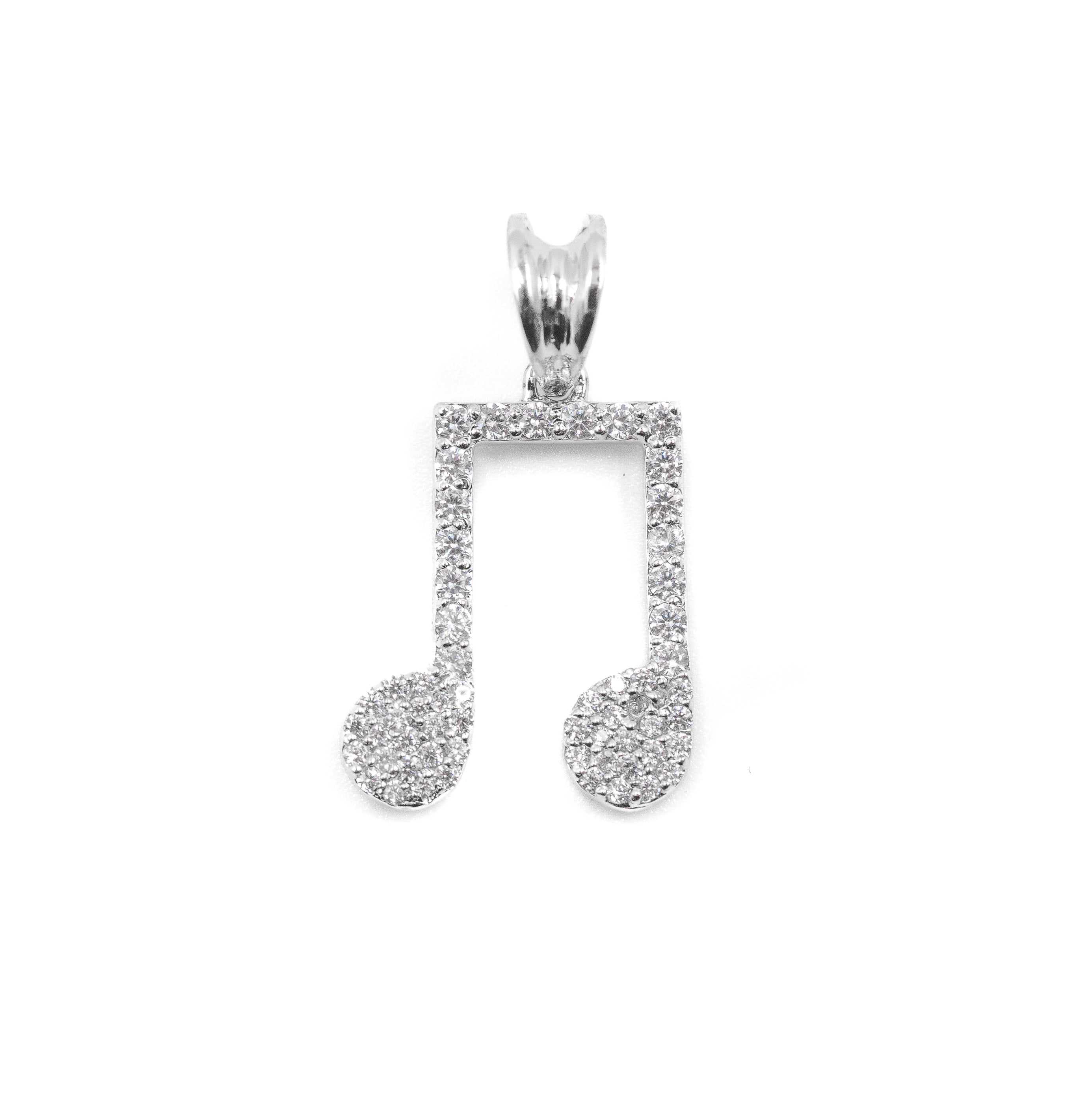 Musical Note Pendant fully iced out with diamonds.
Sterling silver diamond Musical Note Pendant for men and women.
Close-up of 925 silver Musical Note Pendant with lab-grown diamonds.
Hip-hop jewelry: Iced Musical Note Pendant in sterling silver.