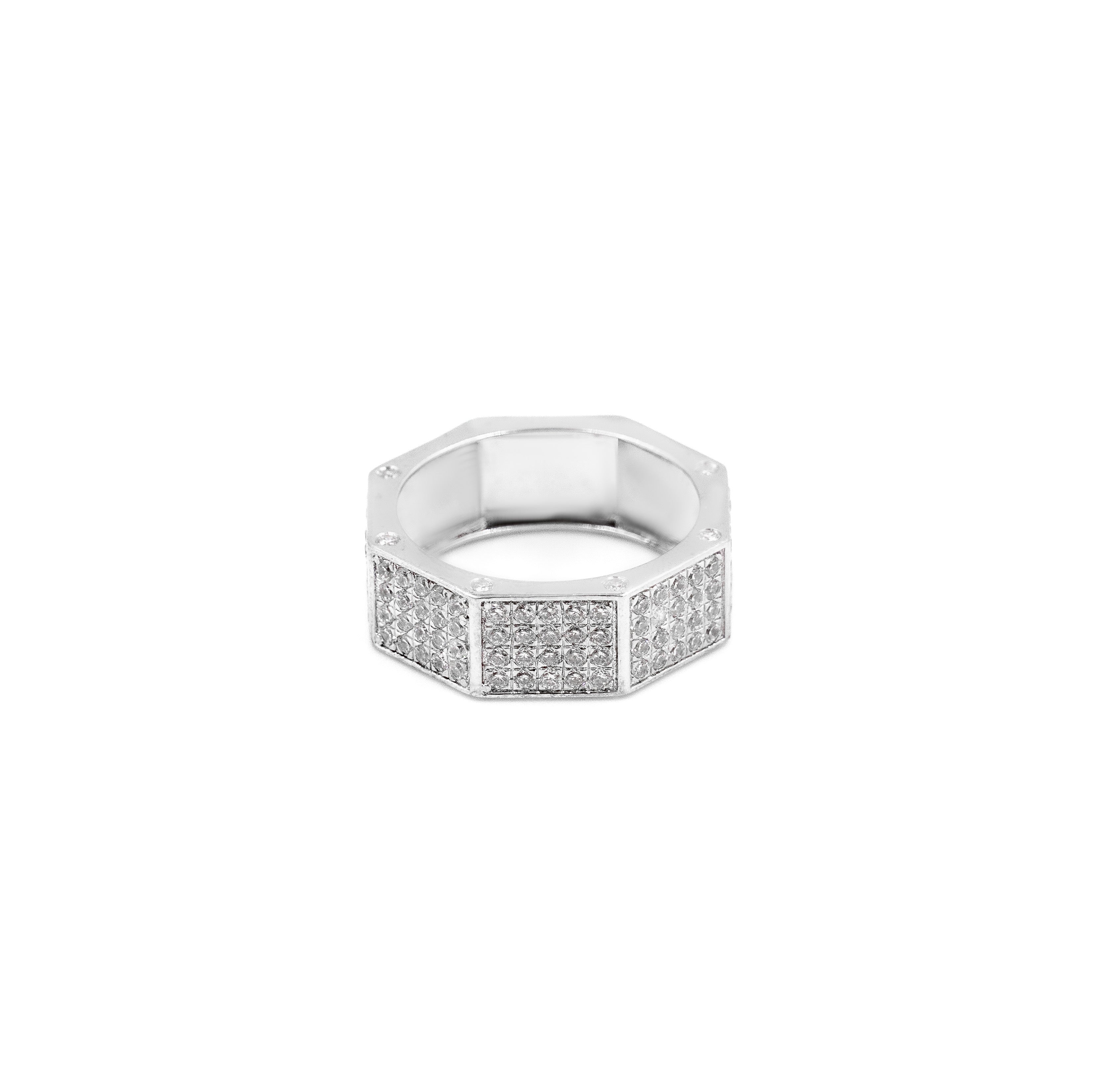 Close-up of Octagon Diamond Band in 925 silver jewelry.
Sterling silver Octagon Band with lab-grown diamonds.
Iced-out Octagon Diamond Band for men’s jewelry collection.
Women’s geometric Octagon Diamond Band in CZ stones.