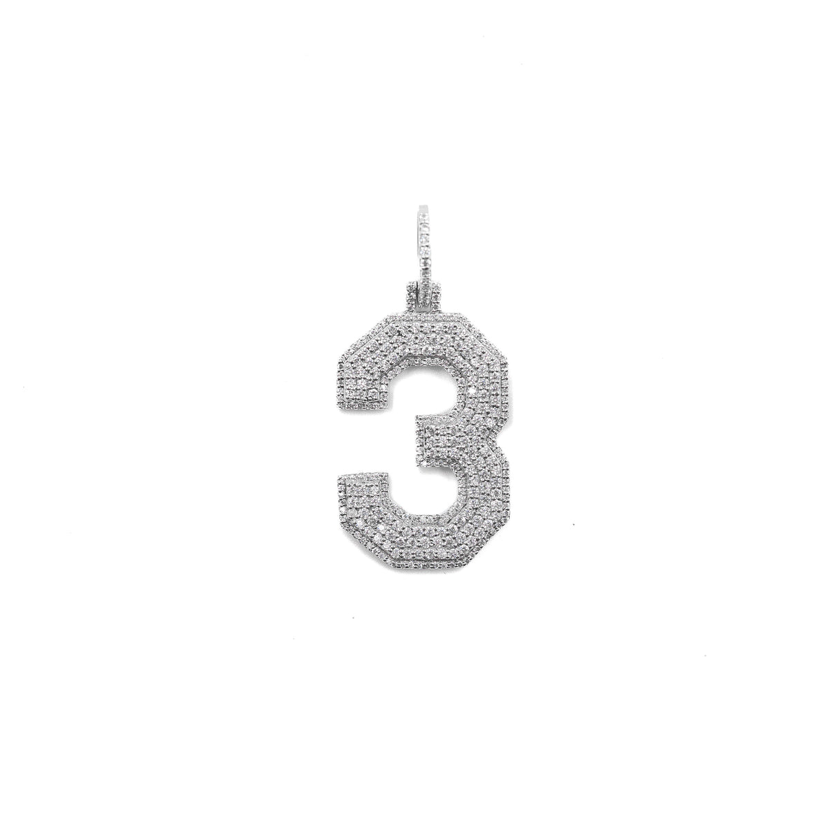 Jersey Number 3 Pendant in 925 silver with diamonds.
Iced-out Number 3 Pendant for men and women.
Sterling silver Jersey Pendant with lab-grown diamonds.
Close-up of Number 3 diamond-studded pendant.