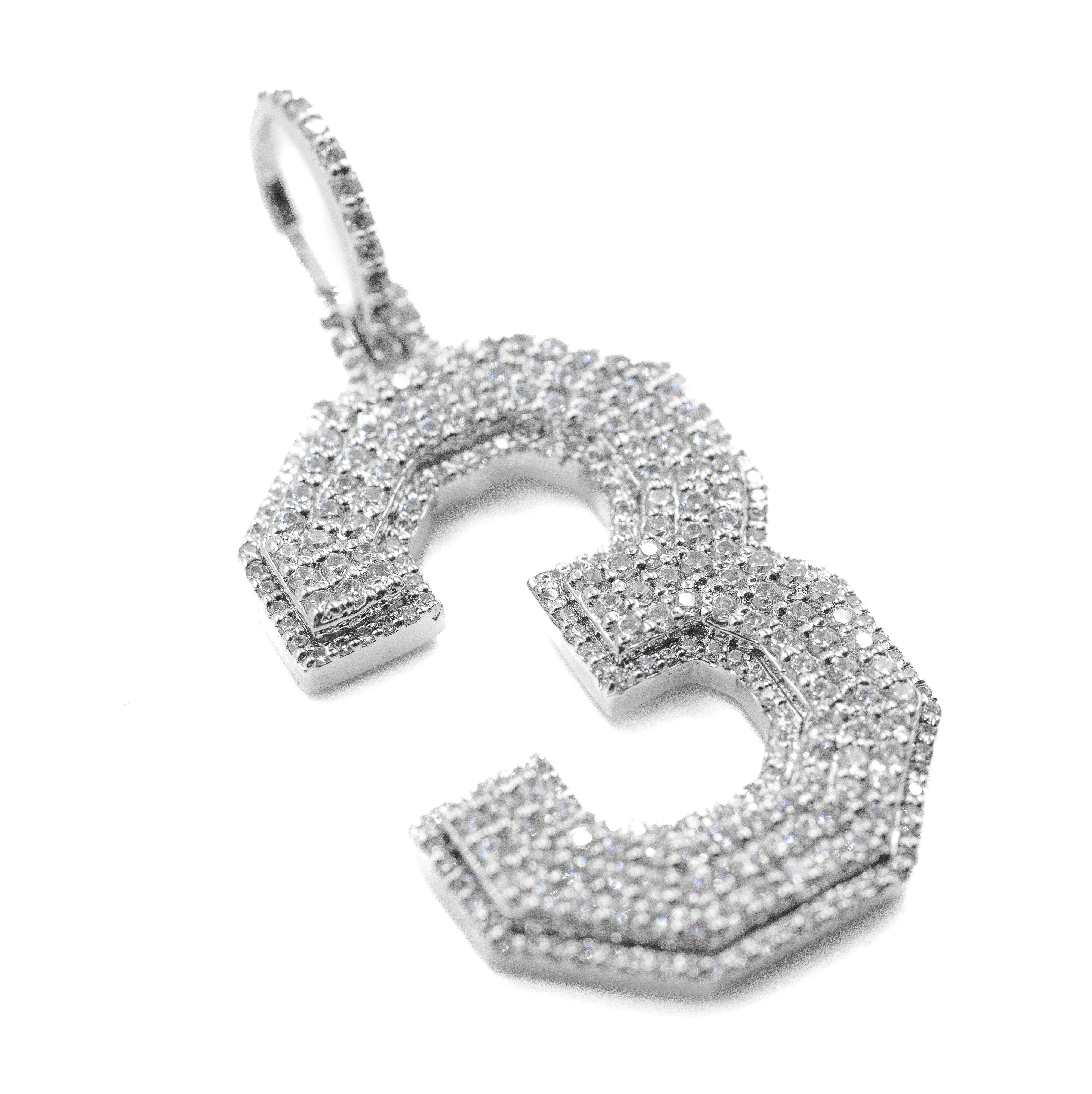Hip hop jewelry Jersey Number Pendant in silver.
Men’s jewelry pendant with jersey number design.
Women’s jewelry pendant with diamonds in sterling silver.
Lab-grown diamond Jersey Number 3 Pendant.