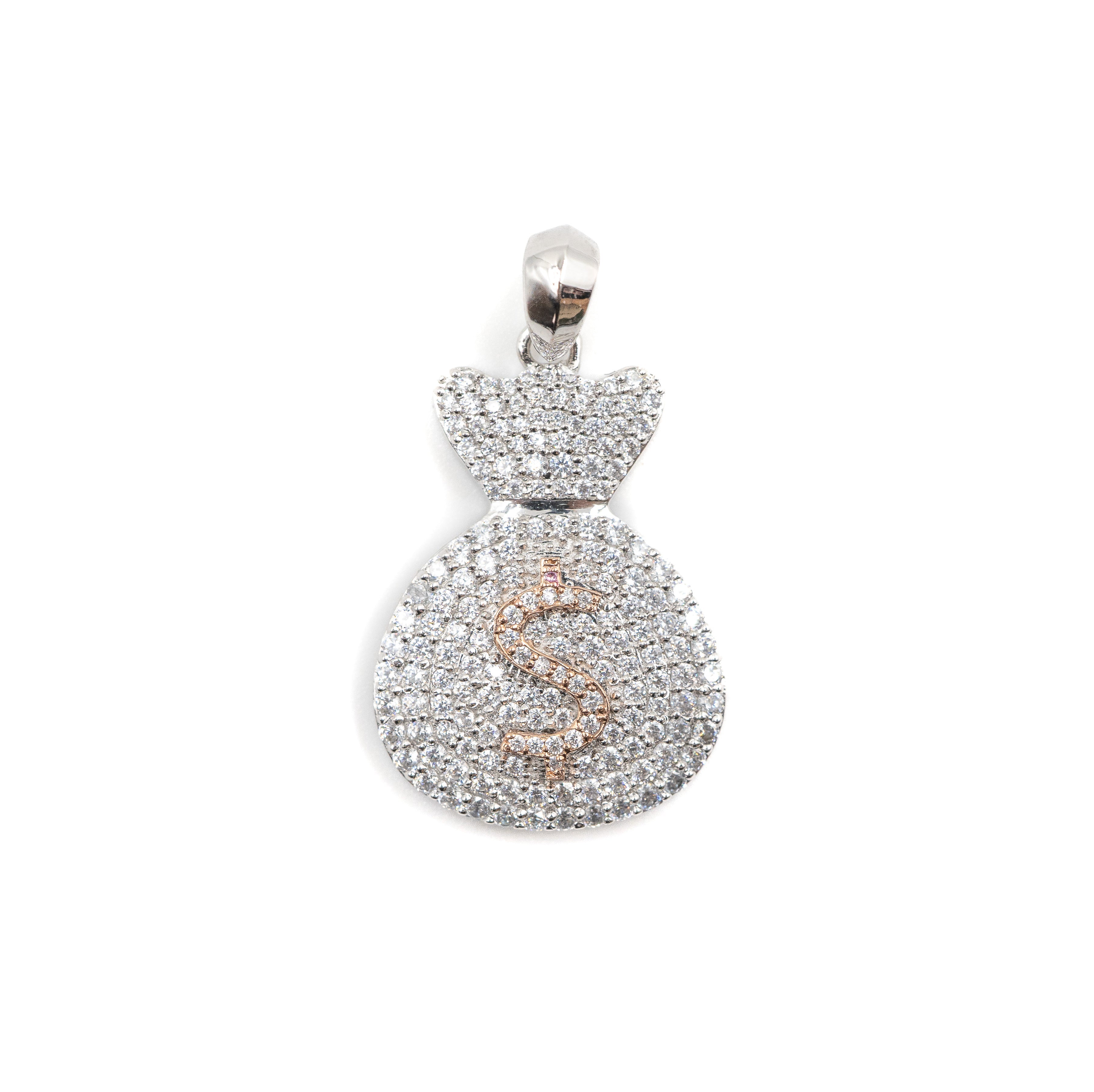Diamond-studded Money Bag Pendant with yellow dollar sign.
Sterling silver Money Bag Pendant for hip hop jewelry lovers.
Iced-out Money Bag Pendant with lab-grown diamonds.
Unisex Money Bag Pendant in 925 silver jewelry.