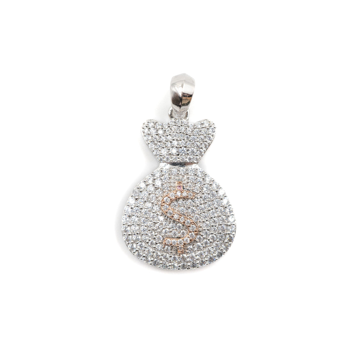 Diamond-studded Money Bag Pendant with yellow dollar sign.
Sterling silver Money Bag Pendant for hip hop jewelry lovers.
Iced-out Money Bag Pendant with lab-grown diamonds.
Unisex Money Bag Pendant in 925 silver jewelry.