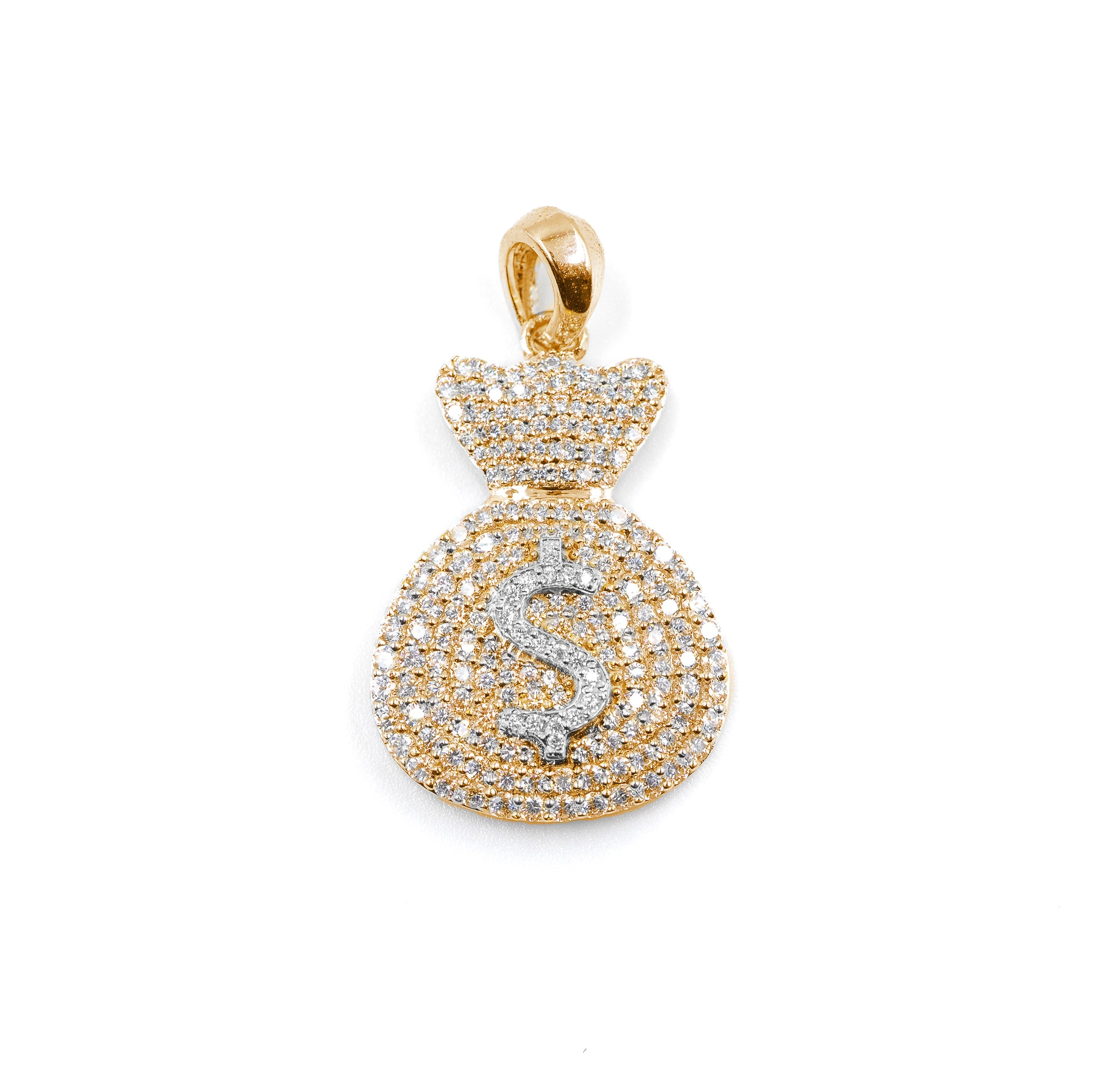 Money Bag Pendant close-up featuring yellow dollar sign.
Hip hop vibe pendant with silver and yellow details.
Trendy Money Bag Pendant for casual and party fits.
Money Bag Pendant in sterling silver for unisex style.