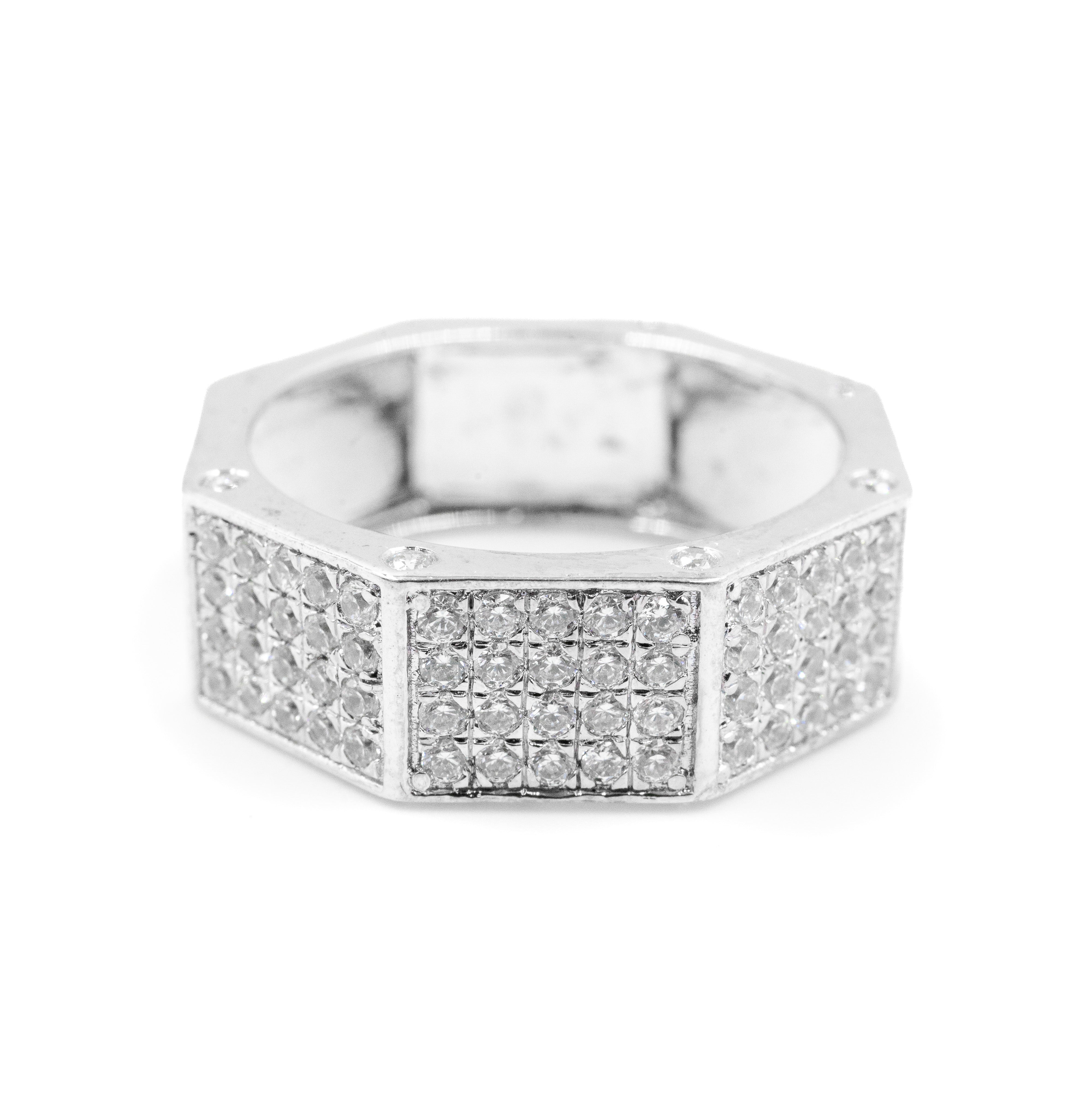 Octagon Band with lab-grown diamonds for women’s jewelry.
Edgy geometric design Octagon Band for men and women.
Iced-out Octagon Band in sterling silver close-up.
Lab-grown diamond Octagon Band for modern style.