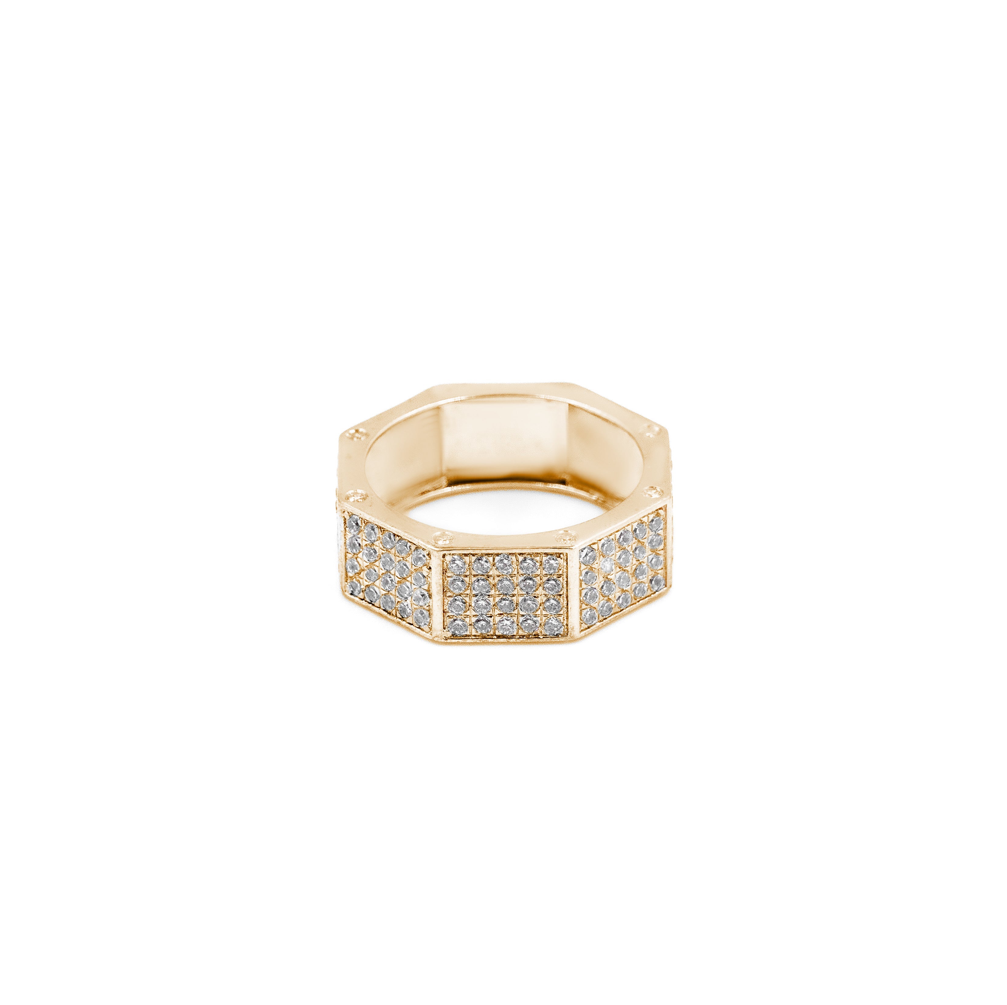 Octagon Diamond Band for trendy men’s and women’s looks.
Sterling silver geometric ring with CZ stones.
Octagon-shaped Diamond Band for bold hip-hop jewelry style.
Diamond-studded Octagon Band for special occasions.
